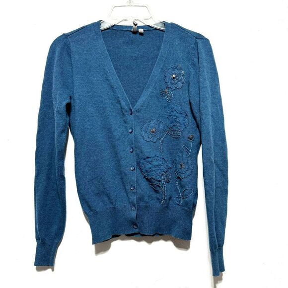 Caslon Cardigan Sweater Floral Blue Button Up Cashmere Blend Knit Womens sz XS - Picture 1 of 8